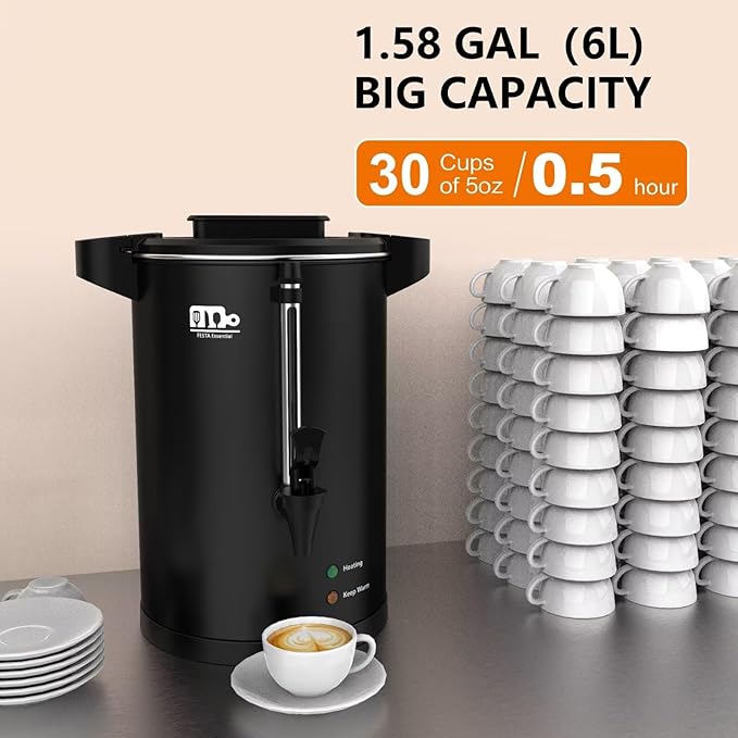 30-Cup 6L Commercial Coffee Urn, Festa Essential 750W Double Wall Large Percolate Coffee Maker Stainless Steel Hot Water Urn Dispenser with Double Dripless Faucet, Quick-Brewing for Catering, Black