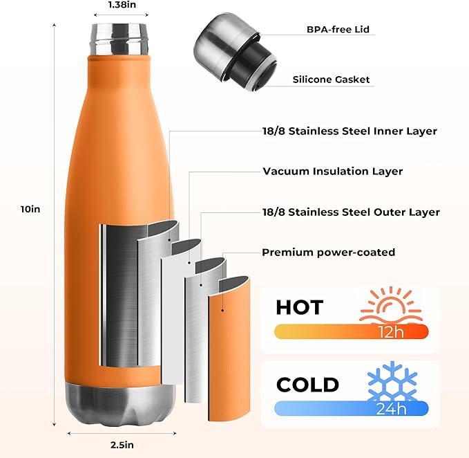 MEWAY 17oz Sport Water Bottle 8 Pack Vacuum Insulated Stainless Steel Leak-Proof Double Wall Cola Shape Water Bottle,Keep Drinks Hot & Cold (Orange,8 Pack)