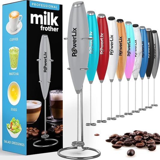 PowerLix Powerful Handheld Milk Frother With Stand Battery Operated Foam Maker Frother Wand For Coffee (A Black) (Gray)