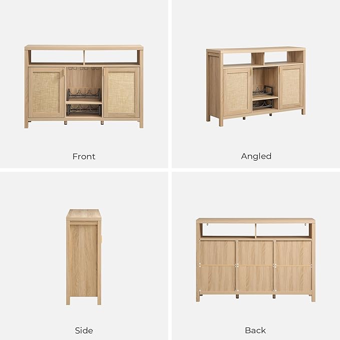 SICOTAS 51" Coffee Bar Cabinet Bar Cart with Storage, Wine Bar Cabinets Boho Home Bar Table, Rattan Sideboard Buffet with 2 Doors, Coffee Station with Wine Racks for Living Dining Room Entryway