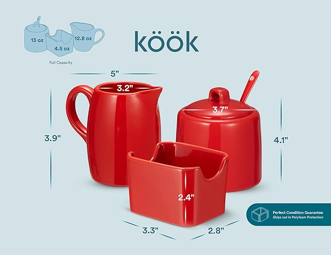 KooK Sugar and Creamer Set, 3 Piece, Pitcher, Sugar Bowl with Lid and Spoon, Sweetener Holder (Red)