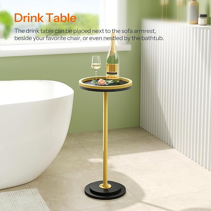 HOOBRO Small Round Side Table, Drink Table, Coffee Martini Table with Pedestal Accent for Small Spaces in Living Room, Bedroom, Sofa Couch, Black and Gold DB168BZ01