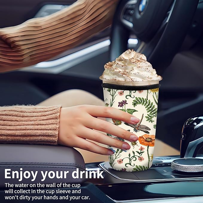 Reusable Neoprene Insulator Sleeve for Iced Coffee Cups, Medium 22-28oz Durable Drink Sleeve for Cold Beverages, Cute Beverage Holder Cup Sleeve for Women Men Boho Dragonfly