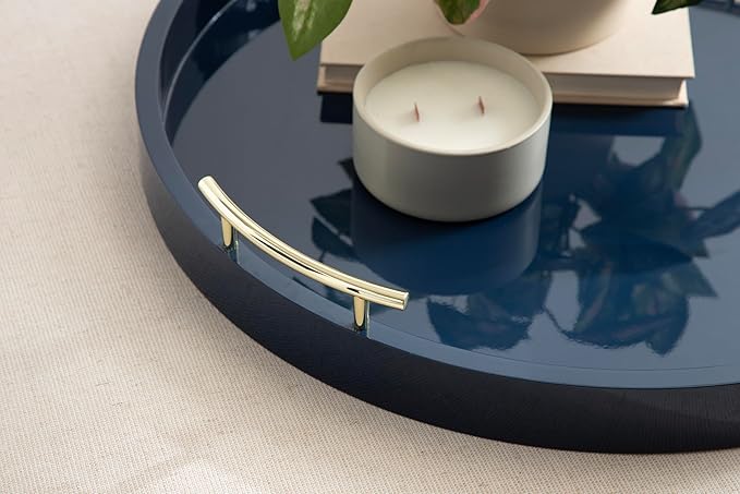 Kate And Laurel Lipton Modern Round Ottoman Tray, 22 Inch Diameter, Navy and Gold, Decorative Circle Coffee Table Tray for Living Room Decor or Large Serving Tray