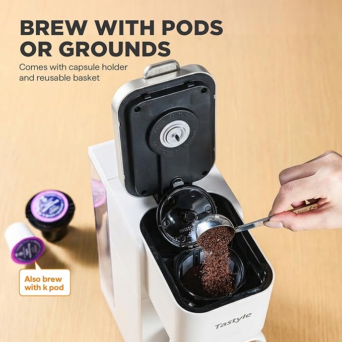 Tastyle Single Serve Coffee Maker, Iced and Hot Coffee Machine for K Cup & Grounds, Compact Design, 40oz Removable Water Reservoir, 6 to 24 Oz Brew Sizes, Fits 7.3" Travel Mug, White