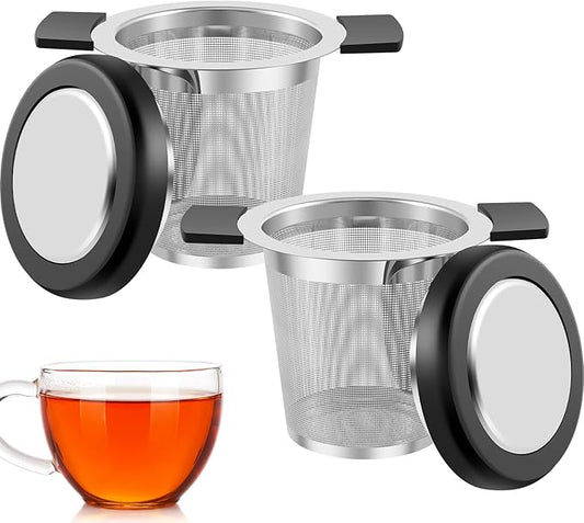 2 Pcs Tea Strainers for Loose Tea Stainless Steel Tea Steeper Large Capacity Tea Infuser Fine Mesh Tea Diffuser with Silicone Lid and Heat Proof Double Handles for Teapots Cups Mugs