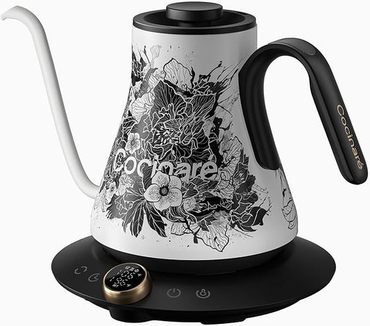Cocinare Artisan Collection Blossom Gooseneck Electric Kettle, ±1℉ Precise Temperature Control for Pour-Over Coffee & Tea, Quick Heating 1500W, Stainless Steel Interior, 0.9L