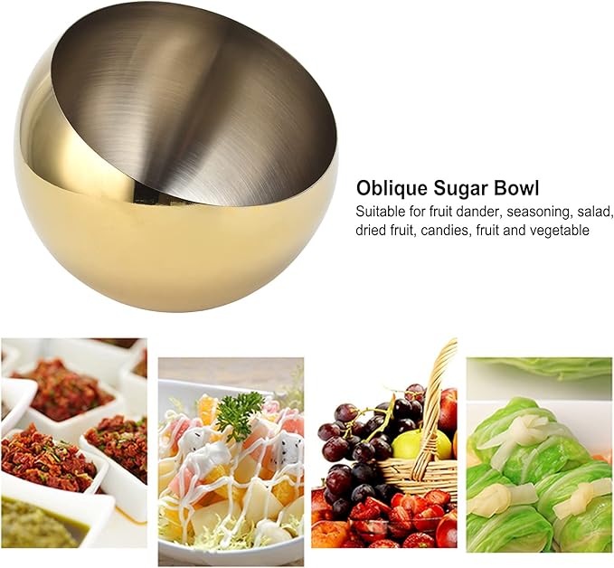 Stainless Steel Sugar Bowl with Tilted Spout, Spherical Design Brushed Metal Container for Sugar Cubes, Candy, Nuts, Salt- 3 Sizes for Home Kitchen, Cafe, Restaurant Parties (Golden)
