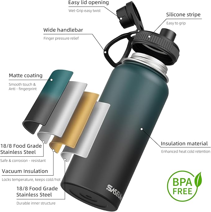 SASEUM Insulated Stainless Steel Water Bottles 32oz with Spout Lids Metal Vacuum Thermal Large Water Jug Leak-proof Reusable Flask for Sports Gym and Travel,Dark-Blue