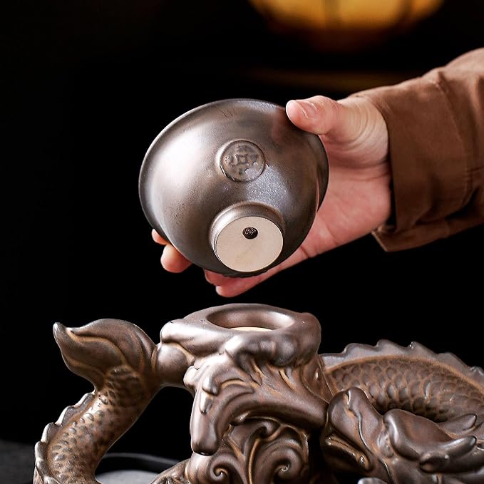 Semi Automatic Tea Set Ceramic Teapot with Infuser Magic Teapot with 8 cups (Antique Brass Dragon- D)