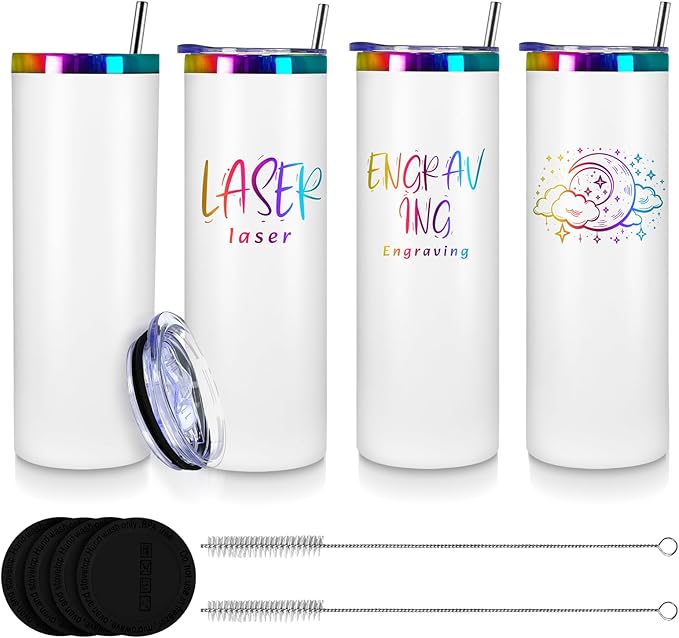 20oz Laser Engraving Straight Skinny Tumblers,4PACK Stainless Steel Skinny tumblers with Lids and Straws,Insulated Vacuum and Powder Coated Coffee Mug for Hot and Cold Drinks (White)