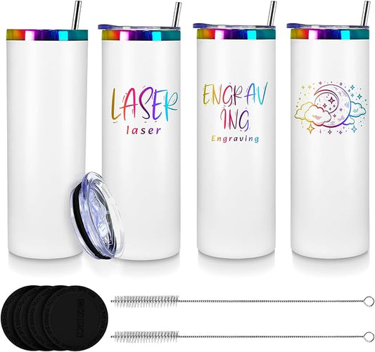 20oz Laser Engraving Straight Skinny Tumblers,4PACK Stainless Steel Skinny tumblers with Lids and Straws,Insulated Vacuum and Powder Coated Coffee Mug for Hot and Cold Drinks (White)