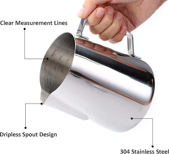 Nicunom Milk Frothing Pitcher 32oz, 304 Stainless Steel Steaming Pitchers 900ml Milk Frother Cup with Art Pen, Espresso Cappuccino Latte Art Barista Coffee Accessories