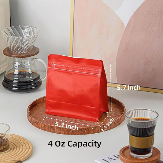 50 Pcs 4oz Red Sqaure Coffee Bean Bags with No-Valve, Easy Tear Open & Repeating Sealed Zipper, Heat-Seal Stand Up & Flat Bottom Tea Bag, 1/4 lb Capacity 5.3x5.7 Inch