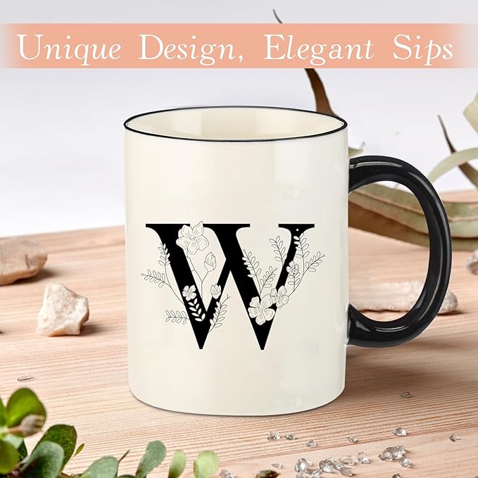 Monogram Ceramic Coffee Mugs, 11 oz Initial Drinking Cup with Gift Box, Unique Birthday Valentines Day Gifts for Women Wife Mothers Day Grandma Mom Aunt, W