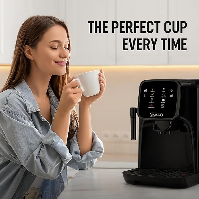 Zulay Kitchen Magia Clasica Automatic Espresso Machine with Built-In Grinder, Touch Panel Coffee Maker, Steam Wand Milk Frother, Adjustable Strength, Self-Cleaning, Black