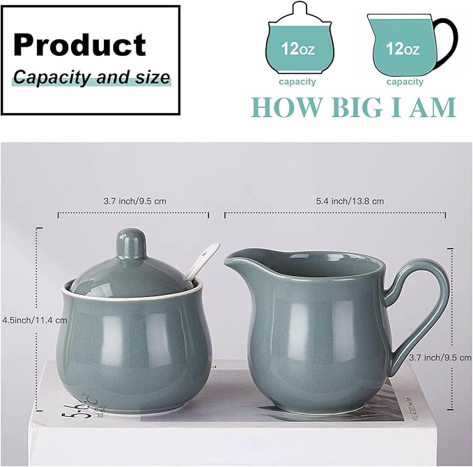 12 OZ Ceramic Sugar and Creamer Set, Coffee Serving Set, 3 Piece Cream Pitcher Sugar Bowl with Lid and Spoon (Gray)