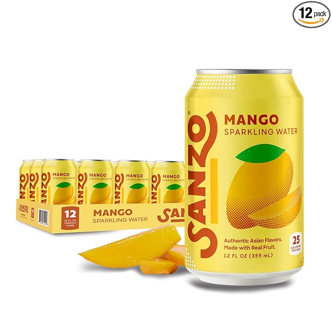 Sanzo Flavored Sparkling Water - Mango Seltzer - Low Calorie Low Sugar - Craft Asian Drinks - Vegan Gluten Free Carbonated Flavored Water - Fizzy Bubbly Healthy Drinks - 12oz, 12 Pack