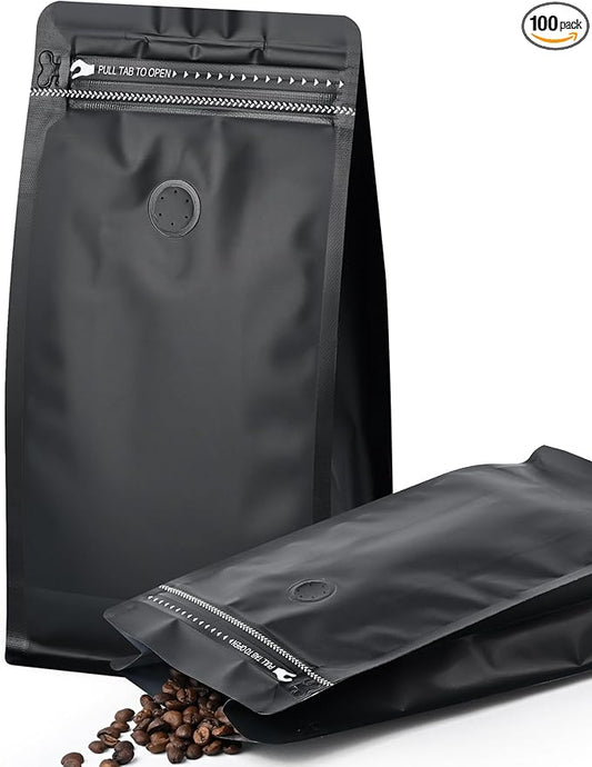 FireKylin 100 PCS Coffee Bags with Valve, (16 oz, 1 lb) Stand Up Pouches, Resealable Vented Food Storage Bags Side Zipper(Black)