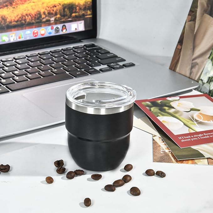4oz Stackable Cup, Vacuum Insulated Espresso Cup Set of 2, Espresso Shot Glass for Coffee, Double Wall Stainless Steel Mini Tumbler Shot Glasses with Straw and Lid