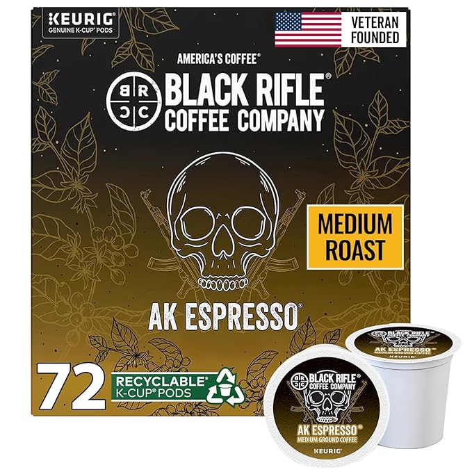 Black Rifle Coffee Company AK Espresso, 72 Count, Medium Roast K Cups - Single Serve K Cups Coffee Pods - Kcup Pods Compatible with Keurig 1.0 & 2.0 - Made from Arabica Beans