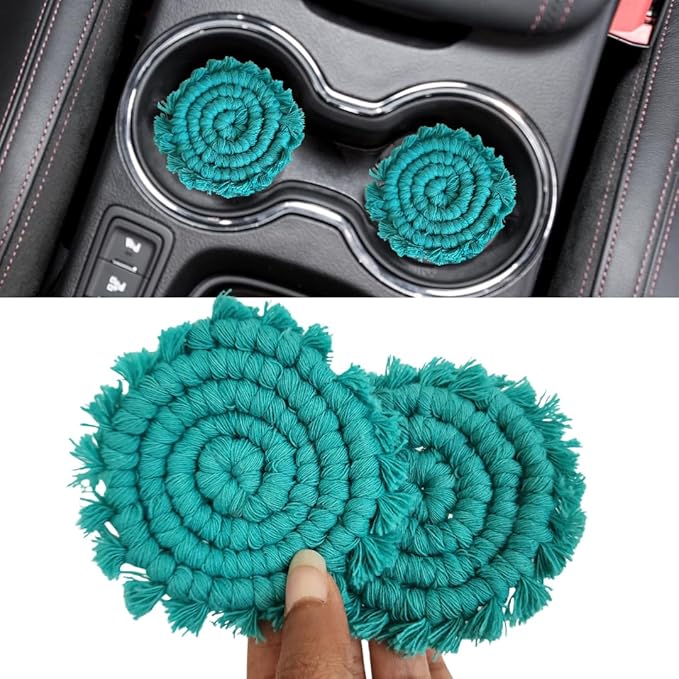 Cotton Car Coasters for Cup Holders, 2PC Car Cup Coasters, Drink Coaster Holder, Cute cupholder Coaster Accessories for Women, Macrame, Boho (Ocean Teal)