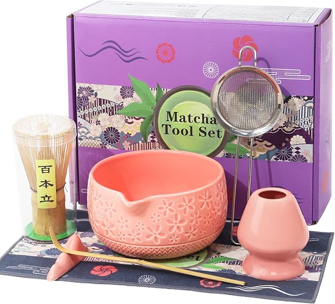 Matcha Whisk Set, 7Pcs Pink Matcha Kit for Ceremony, Handcrafted Gifts for Women, Traditional Ceramic Matcha Bowl with Spout, Bamboo Whisk and Holder, Tea Set for Matcha Lovers, Gift for Christmas