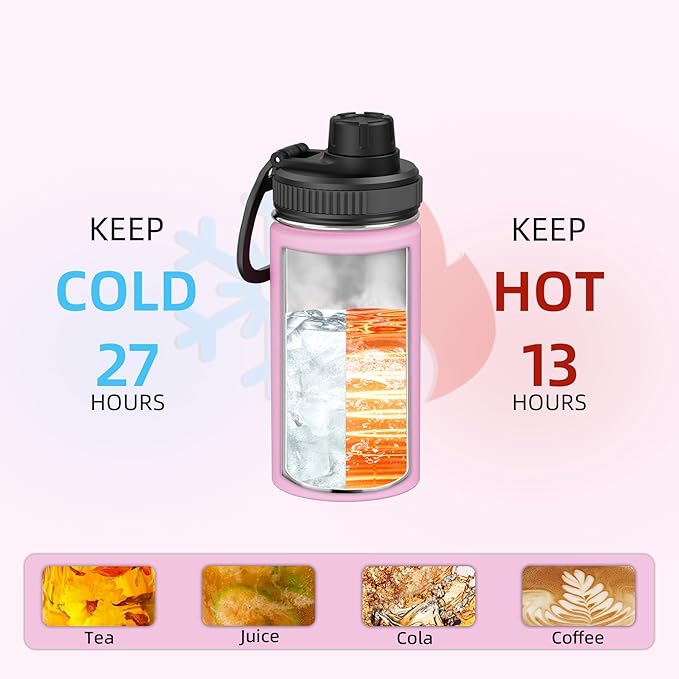 SASEUM Kids Sport Water Bottle 12oz Stainless Steel Double Wall Vacuum Thermal Mug with Leak Proof Spout Lids, Wide Mouth Metal Insulated Water Jug for Gym and Travel（Pink）