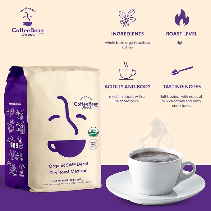 Coffee Bean Direct Organic Swiss Water Process Mexican Chiapas, Whole Bean Coffee, City Roast, 5 Pound Bag (Pack of 1)