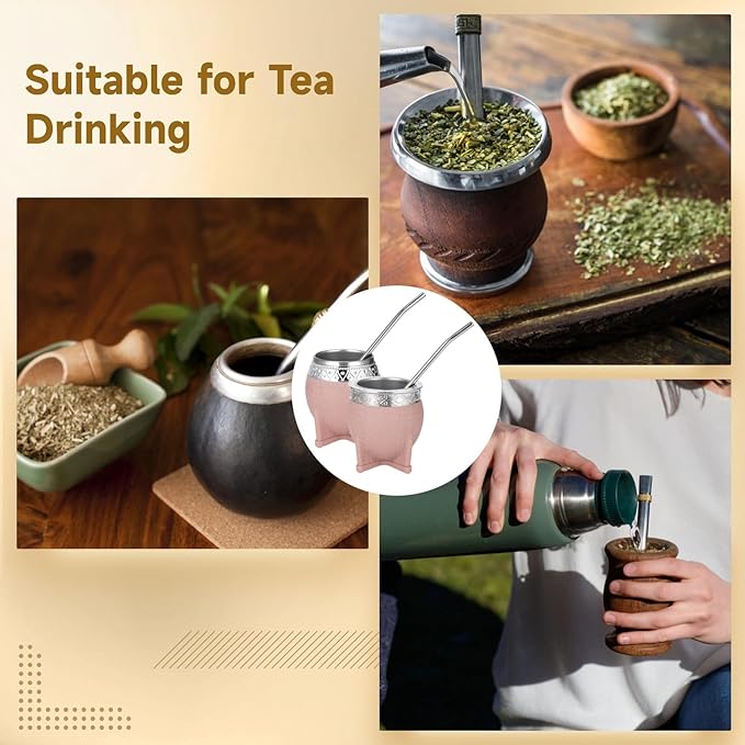2PCS Yerba Mate Cup, 6 oz Stainless teel Mate Cup with Straw, Double Wall Vacuum Insulated Yerba Mate Gourd for Traditional Mate Tea Drinking (Light Brown)