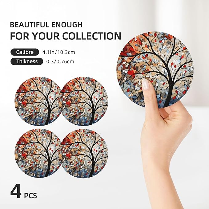 Artistic Tree Pattern Coasters for Drinks Absorbent Round Ceramic Coasters Set of 4 Non-Slip Cup Coaster with Cork Base for Coffee Table Drink Home Decor Tabletop Protection