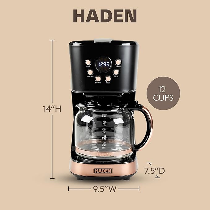 HADEN Coffee Machine, 12 Cup Programmable Drip Coffee Maker with Auto Shut-Off Function and Reusable Washable Water Filter, Black & Copper