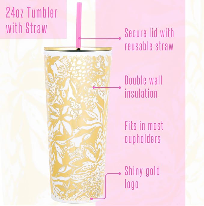 Lilly Pulitzer Gold Double Wall Tumbler with Lid and Reusable Straw, Insulated Travel Cup Holds 24 Ounces, Safari Sangria