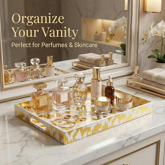 Zosenley Decorative Serving Tray with Handles - 16" x 12" Large Rectangle Coffee Table Decor - Modern Gold Aesthetic Vanity Tray for Ottoman, Bedroom & Bathroom