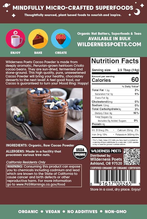Wilderness Poets, Organic Cacao Powder. Unsweetened, 100% Peruvian Heirloom Cacao (Criollo Variety) -32 Ounce - 2 Pound
