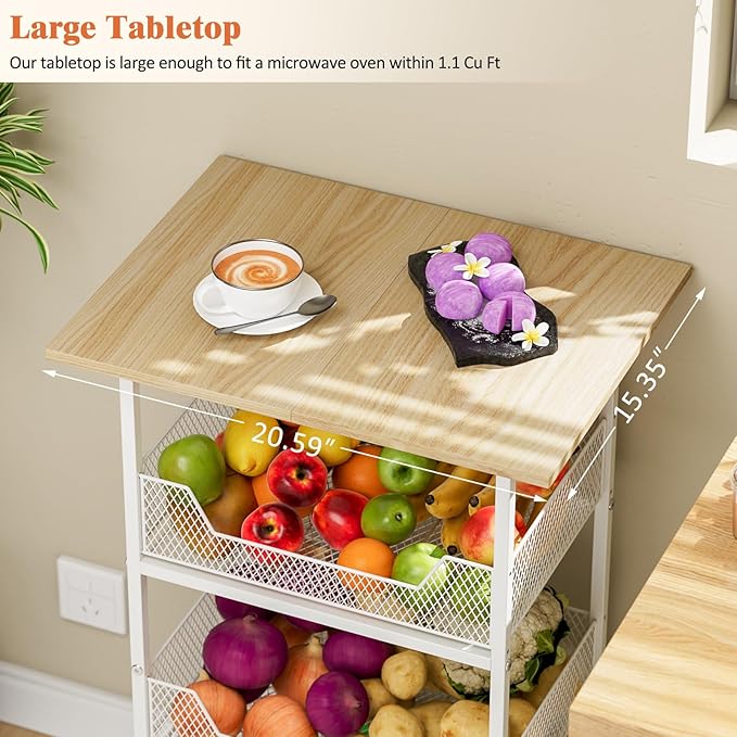 Kitchen Microwave Cart with Fruit Baskets, 4 Tier Microwave Table Stand with Storage, Kitchen Storge Shelf on Wheels Small Rolling Cart Organizer Rack for Pantry, Living Room, Bathroom