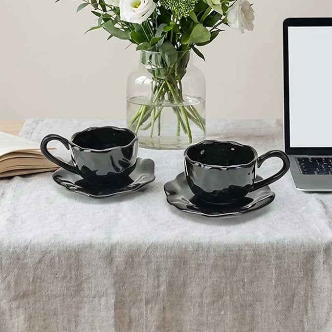 MyBudsBuzz Ceramic Espresso Cups with Saucers 6 oz,Coffe Cups for Cappuccino,Latte,Tea with Saucers Set of 2 - Flods - Black