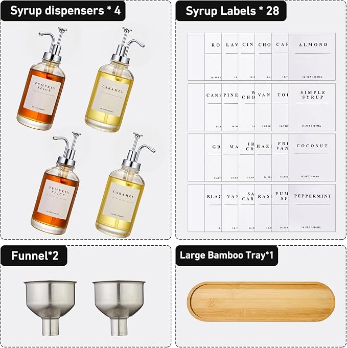 Coffee Syrup Dispenser for Coffee Bar, Coffee Syrup Pump Dispenser, Glass Syrup Bottle with Silver Upgraded Pump, 4 Pack 16.9 oz 500 ml Syrup Dispensers, 28 Labels and Large Bamboo Tray