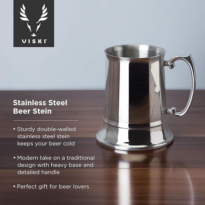Viski Stainless Steel Beer Stein, Double-Walled Mug with Handle, Drinking Glass for Lagers, Pilsners, Craft Beers, Birthday Gifts for Men, Beer Lovers, Game Night, Home Bar, 16 oz, Set of 1