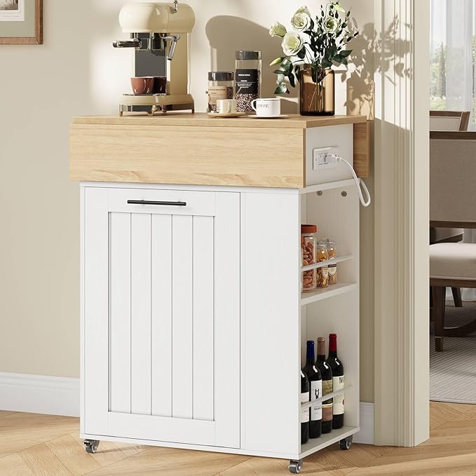 HOOBRO Kitchen Island with Trash Can Storage, Island Table with Drop Leaf Countertop, Rolling Kitchen Cart on Wheels, Storage Island with Power Outlet & Spice Rack, White and Natural WN33UZD01