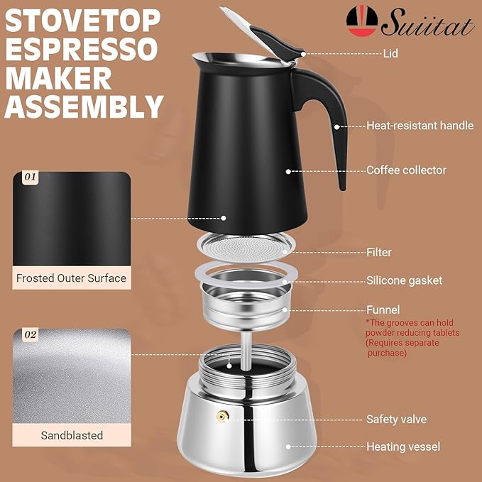 Suiitat Moka Pot, 6 Cups (10.6 oz) Stovetop Espresso Maker, 304 Stainless Steel Moka Pot, Induction Compatible, Black