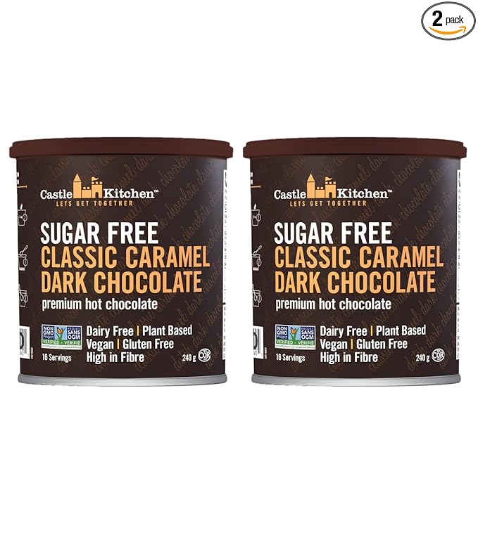 Castle Kitchen Sugar Free Caramel Dark Hot Chocolate (2 Pack) Premium Plant Based, Dairy Free, Gluten-Free, Vegan Hot Coca Mix - Just Add Water - 14 oz Can