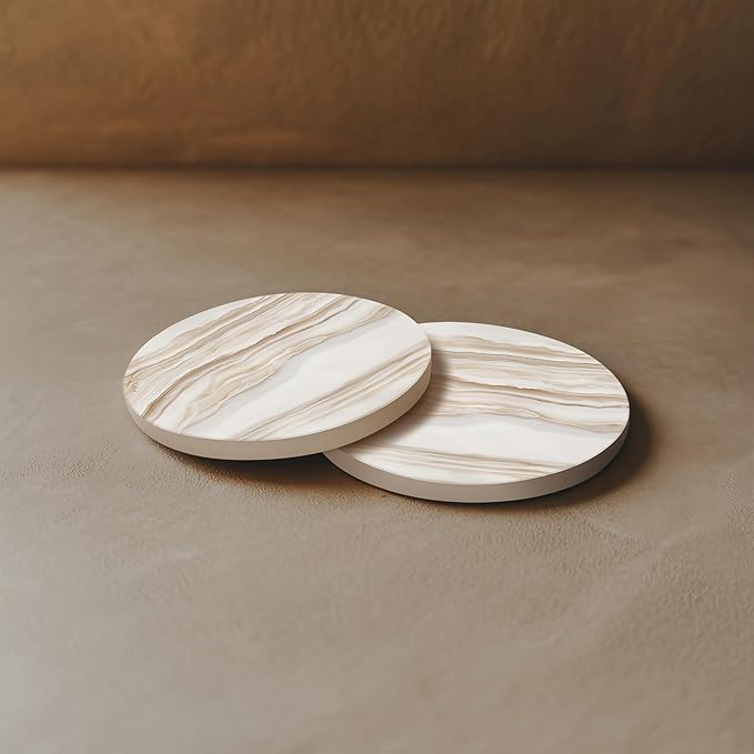 VEYRO Ceramic Coasters Set of 4 – Absorbent Stone Drink Coasters with Holder, Non-Slip Cork Backing, Modern Marble Look Coasters for Coffee Table, Desk & Home Decor
