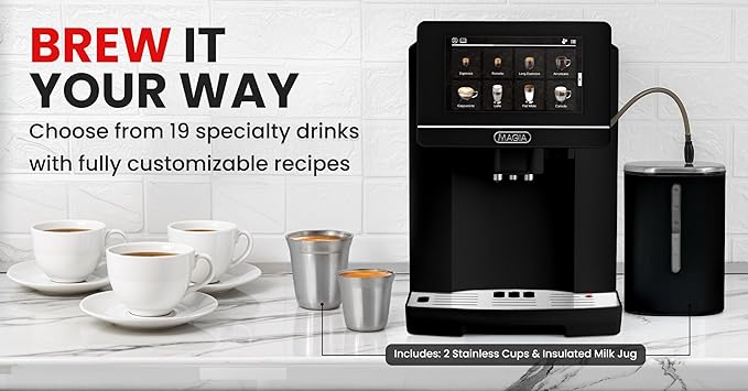 Zulay Kitchen Magia Ultra LUX Super Automatic Espresso Machine, Bean-to-Cup Coffee Maker with Built-In Grinder, Automatic Milk System, 19 One-Touch Specialty Drinks, Touchscreen, Black
