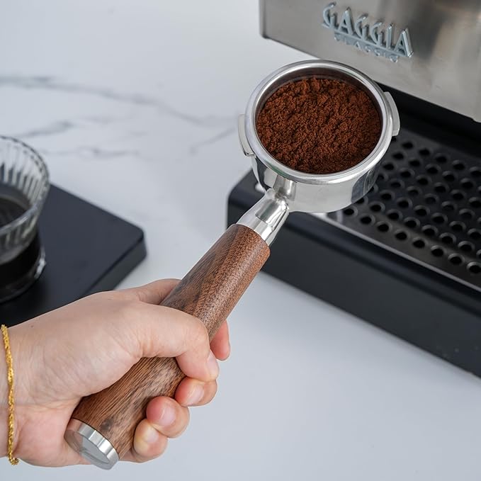 KNODOS 58mm Bottomless Portafilter for Gaggia Classic Pro, Evo, E24 Espresso Machines With Upgraded Walnut Handle and 18-21 Gram Filter Basket