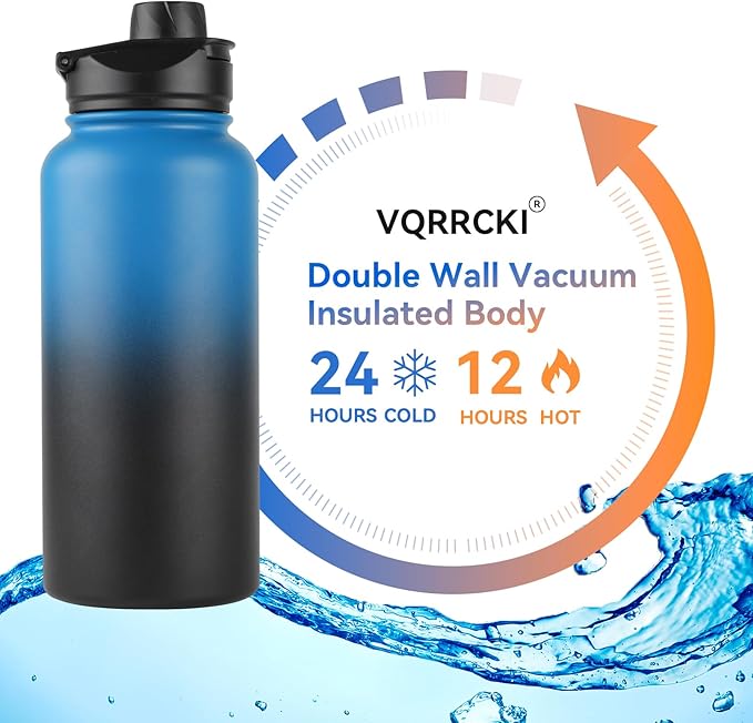 32 Oz Insulated Water Bottle Bulk 4 Pack, Stainless Steel Sports Water Bottles with Straw Lid & Wide Mouth Lids, Double Walled Vacuum, Leak Proof, Blue Black Gradient