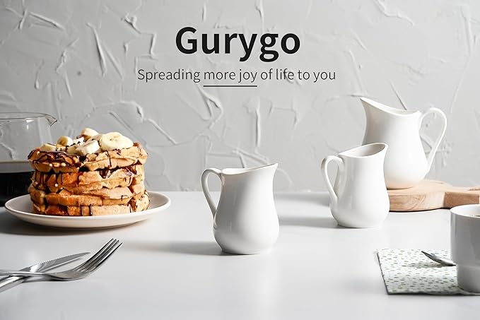 Gurygo 2 Oz (Set/2) Creamer with Handle,Small Classic White Fine Porcelain Creamer Pitcher, Small Milk Pitcher for Coffee Milk sauce - Microwave & Freezer Safe