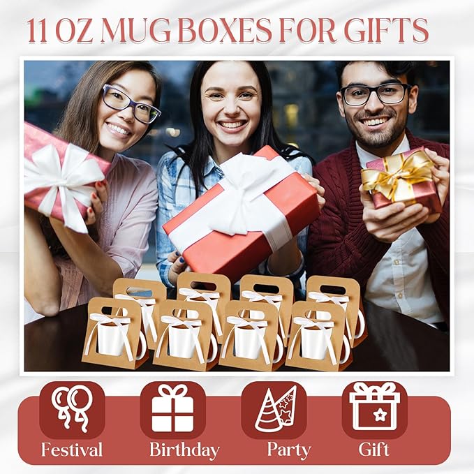 Motipuns 24 Pack Mug Boxes for Gifts 11 oz Coffee Mug Gift Boxes with 1 Roll Ribbon Sublimation Cups Packaging Bags for Sublimation Coffee Cups Blanks Wrapping(Brown)