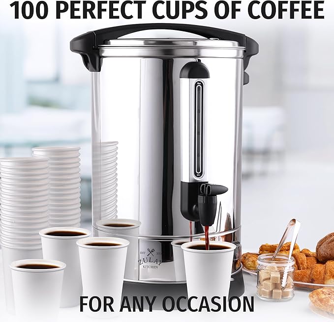 Zulay Commercial Grade 100 Cup Coffee Maker Hot Water Urn - Large Percolator Pot Dispenser With Double-Wall Stainless Steel, Quick Brew, Stays Hot for Tea & Beverage at Events & Catering - Silver