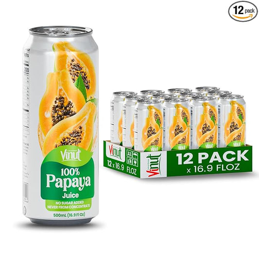 VINUT 100% Papaya Juice, No Added Sugar, Not From Concentrate, 16.9 fl oz (500 mL) Can, Pack of 12